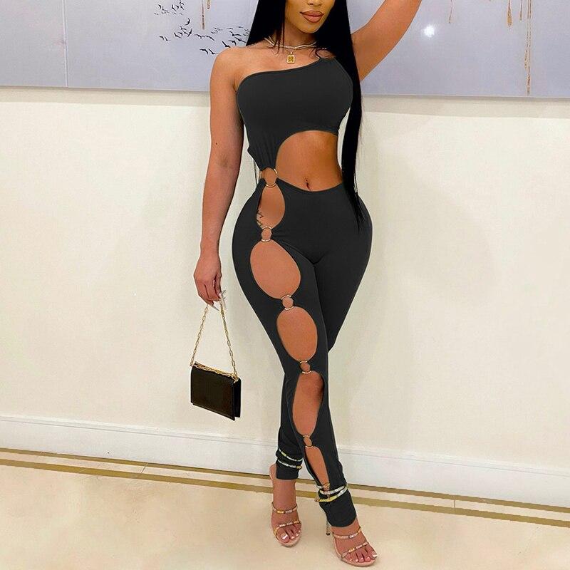 Fashion Sexy Cut Out Jumpsuit Women Spring Off-shoulder Side High Split Skinny Club Outfits Female Bodysuit Y2k Clothes 25427