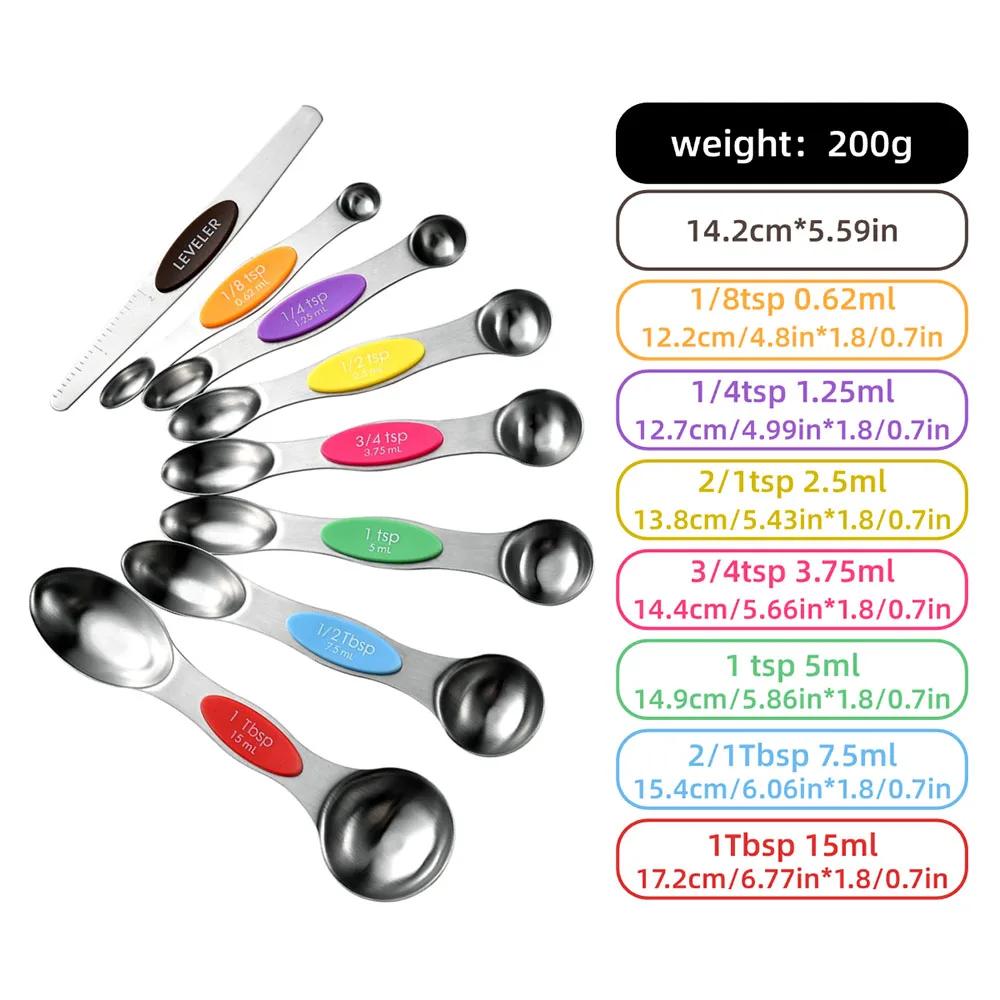 Juego de 8 Piezas/Set de Cucharas Medidoras Magnéticas de Acero Inoxidable Apilables Doble Cara Metálicas Precisas para Latas de Condimentos