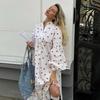 Women High Waist Stand Collar Long Sleeve Ankle Length Slip Dress with Heart Print Elegant Fashion