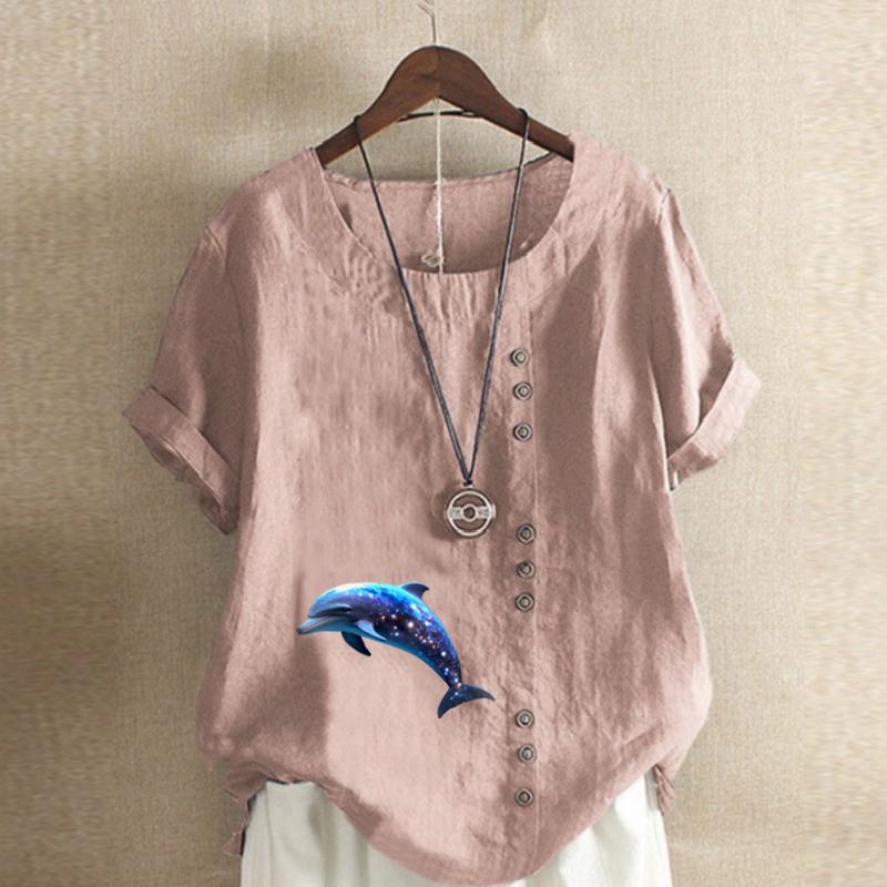 Women's Fashion Round Neck Short Sleeve T-shirt Casual Cotton Linen Graphic Shirt Dolphin Prined Summer Blouse Tops Plus Size