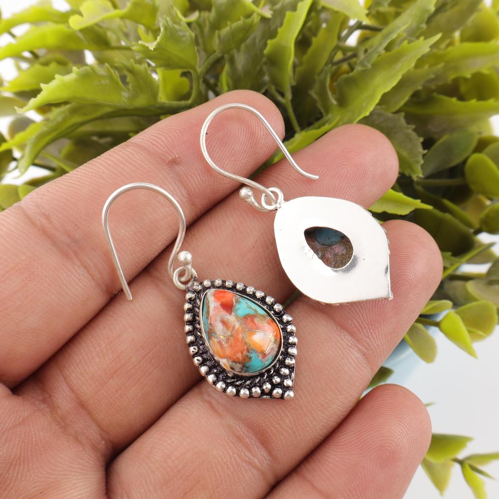 Spiny Oyster Handmade Gemstone Earrings, 925 Solid Sterling Silver Earrings Designer Jewelry, For Anniversary Gift