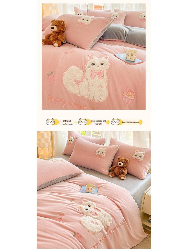 2025 Winter Milk Velvet 4-Piece Set: Thick Warm Double-Sided Fleece Bed Sheet, Fitted Sheet & Duvet Cover.