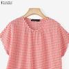 ZANZEA Women Grid Print Casual Round Neck Loose Short Sleeve Blouse
