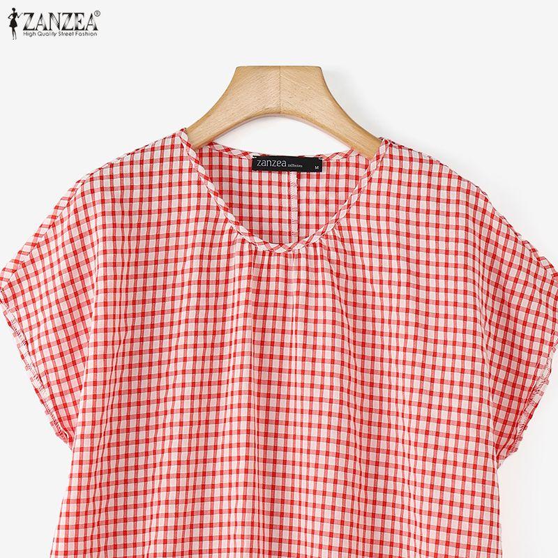 ZANZEA Women Grid Print Casual Round Neck Loose Short Sleeve Blouse