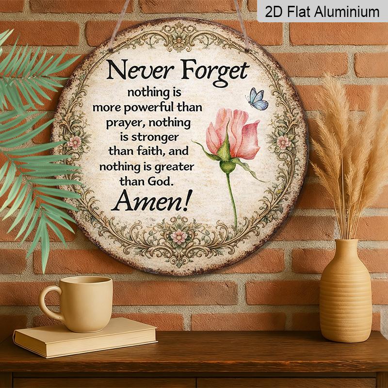 2D Flat, 1pc Vintage Round Christian Faith Prayer Wall Plaque - "Never Forget the Power of Prayer" Quote & Rose Decor, Frameless All-Season Religious