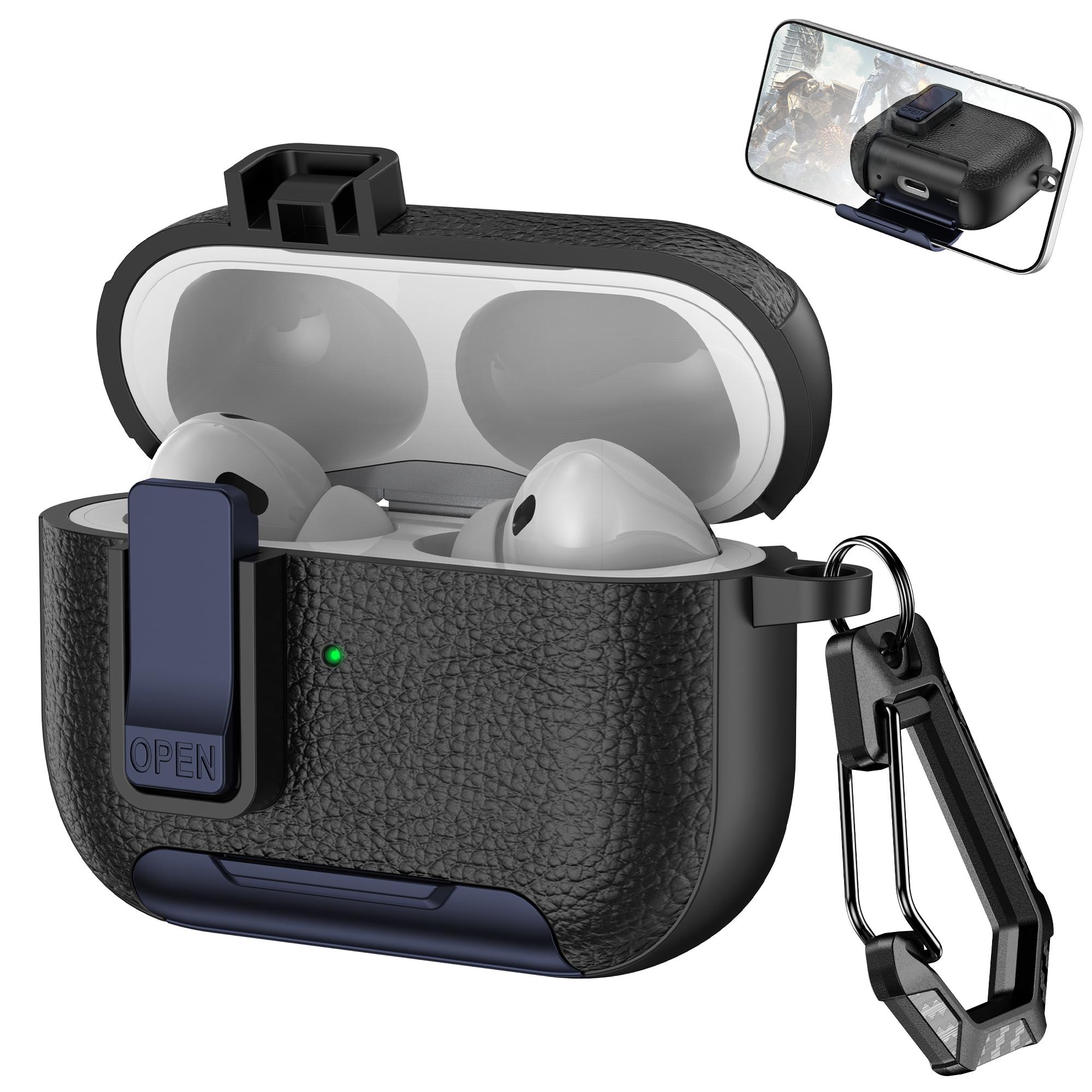 

For Apple AirPods Pro Protective Case with Stand Litchi Texture Leather TPU + PC Earphone Cover with Lock Buckle and Carabiner H