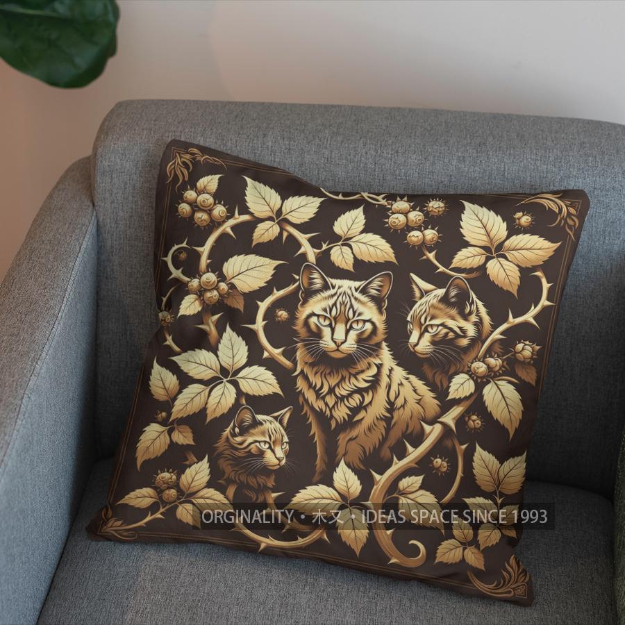 2D Golden Cats On Berry Branches Pillow Cover Pattern Cushion Cover Suitable For Sofa Bedroom Car Pillow Cover