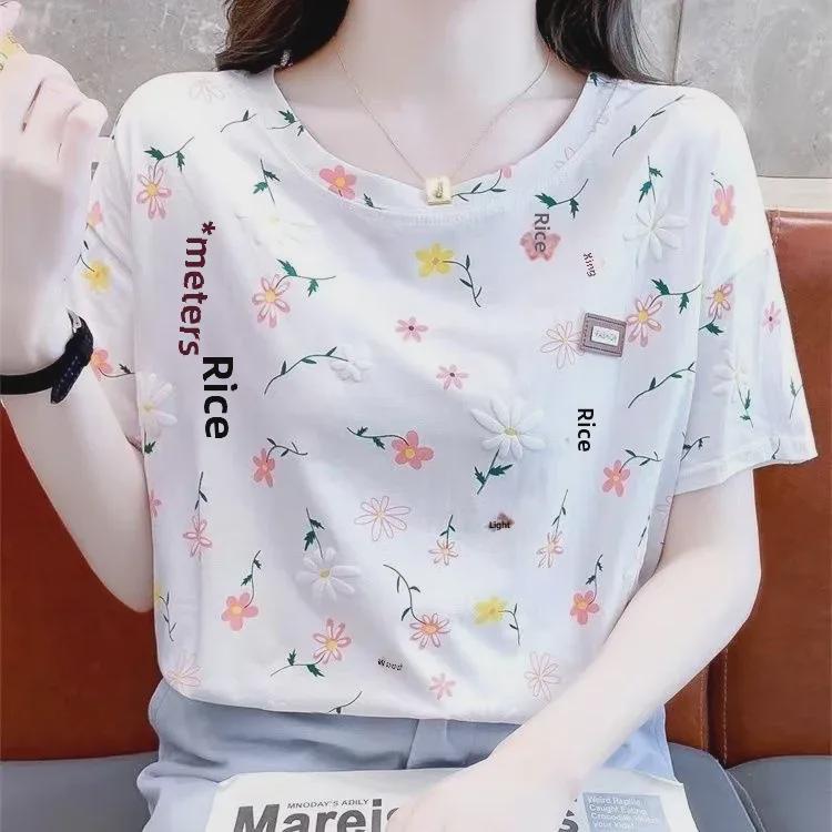 Women's Loose-Fit Floral Summer T-Shirts - Fresh Design, Niche Short-Sleeved Tops In Large Sizes