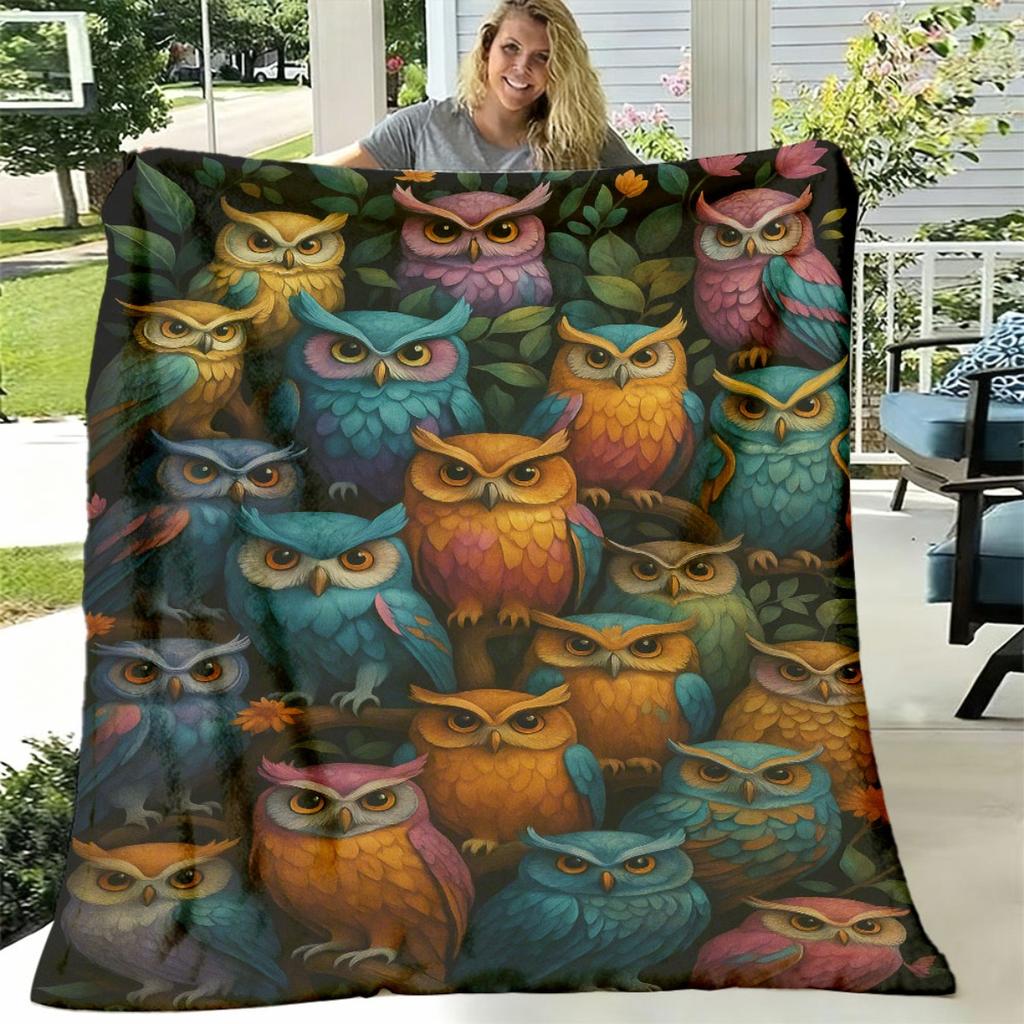 1pc Colorful Owl Pattern Flannel Throw Blanket - Soft, Warm Flannel Perfect for Sofa, Bed, Car, Office, Camping, Travel - Versatile All-Season Gift, D