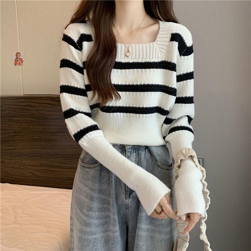 Square collar striped knitted sweater for women's autumn new design sense, niche long sleeved versatile chic sweater top trend