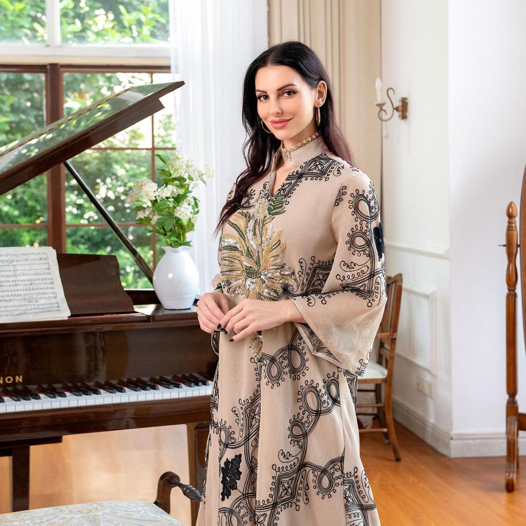 AB114 Middle Eastern Ethnic Style Sequin Burnout Abaya Evening Dress for Women