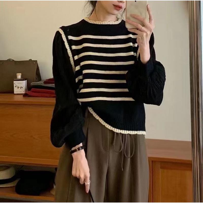 2025 Autumn Black & White Striped Puff Sleeve Sweater Knitwear Top One size чёрный
