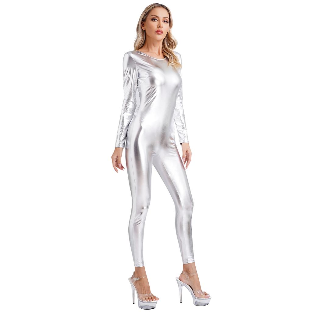 Costume de Festival Body Metalic Dintr-o Bucată pentru Femei Haine de Club Strălucitoare Haine de Dans Mânecă Lungă cu Gât Rotund Croială Slim Fit Body Full Corp Costume de Festival