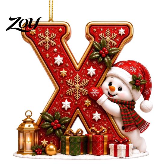 Indoor Holiday Decorations Cute Snowman Letter Christmas Ornament, 2D Flat Personalized A-Z Alphabet Clear Pattern Hanging Decor Acrylic Pendant