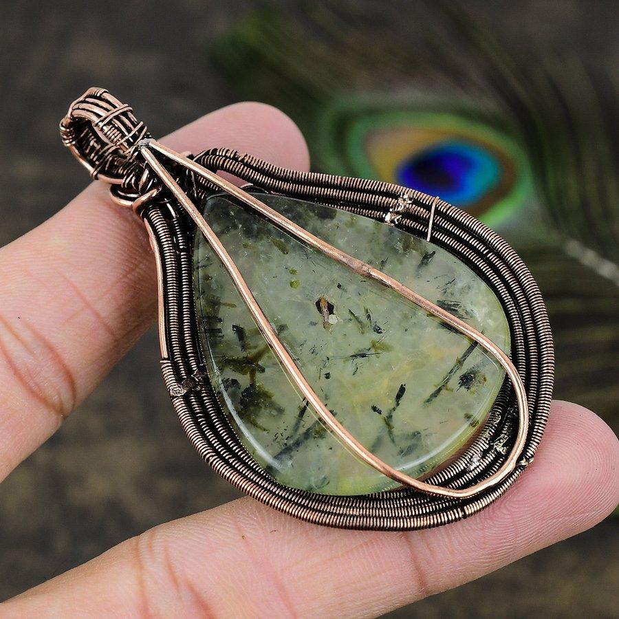 Prehnite Gemstone Copper Wire Wrap Jewelry Pendant 2.96