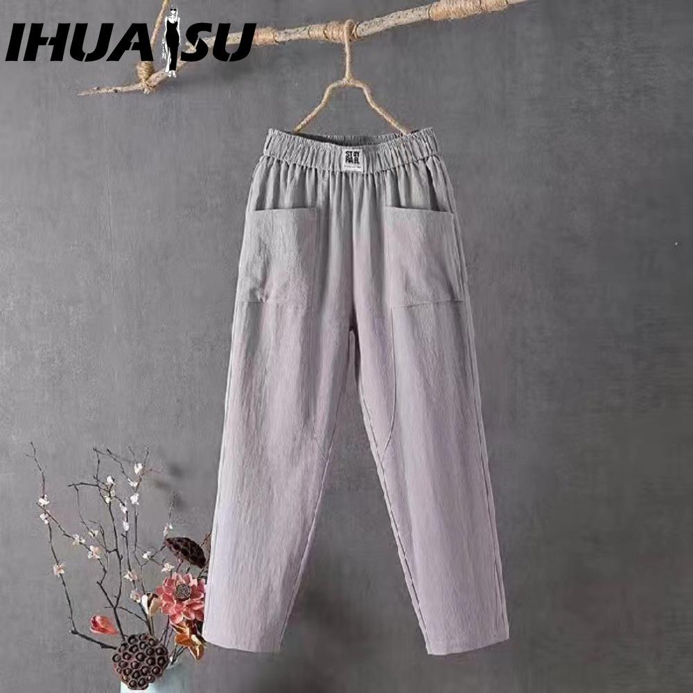 

Летние женские брюки IHUASU, повседневные хлопково-льняные брюки, свободные прямые брюки, укороченные брюки-шаровары XL серый