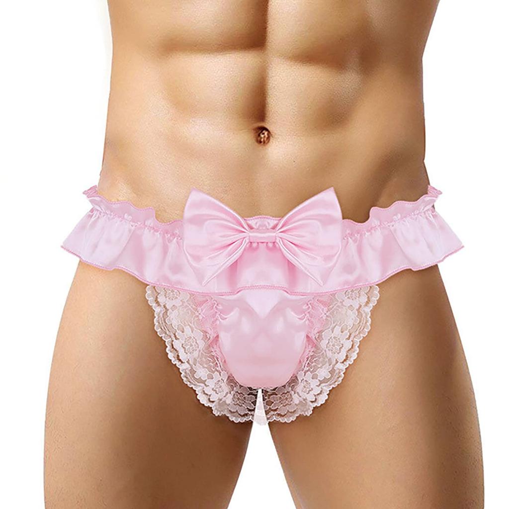 LYING Sexy Maid Cosplay Satin Fabric with Cute Bowknot and Lace Perfect for Perforated Breathable Size XL Men's T-Back Underwear, Costume, Trim,