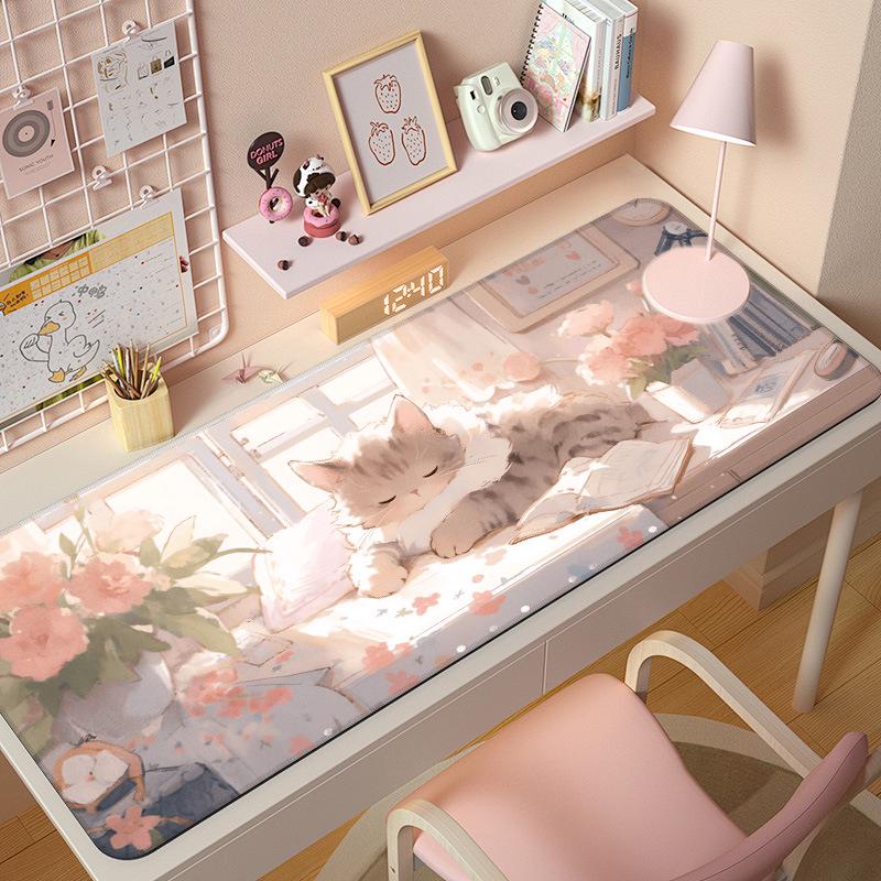 Extra Large Cute Cat Cartoon Mouse Pad with Stitched Edges - Aesthetic Desk Mat for Girls