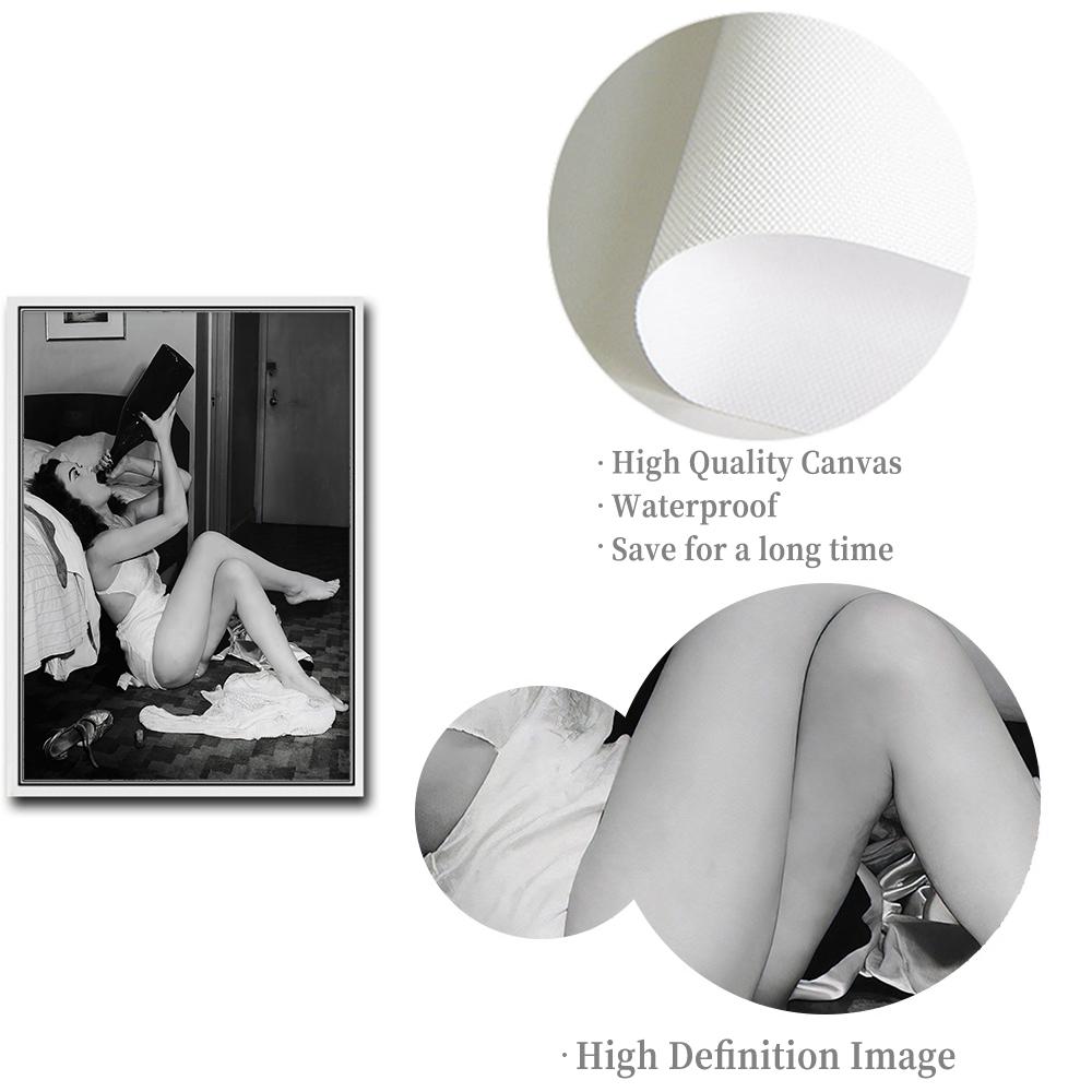 Fashion Black and White Woman Drinking Champagne Canvas Prints Modern Painting On The Wall Picture Poster for Bathroom Decor