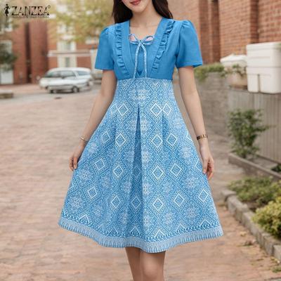 Women Casual Square Collar Summer Short Sleeve Print Dress