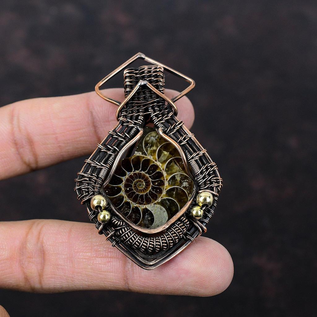 Ammonite Fossil Pendant Copper Wire Wrapped Gemstone Jewelry Copper Pendant Ethnic Jewelry Handmade Pendant Wire Wrap Pendant Gift For Women