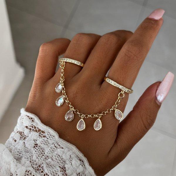 Vintage Gold Color Connected Finger Ring Bracelets for Women Shiny Crystal Zircon Evil Eye Link Chain Bracelets Party Jewelry