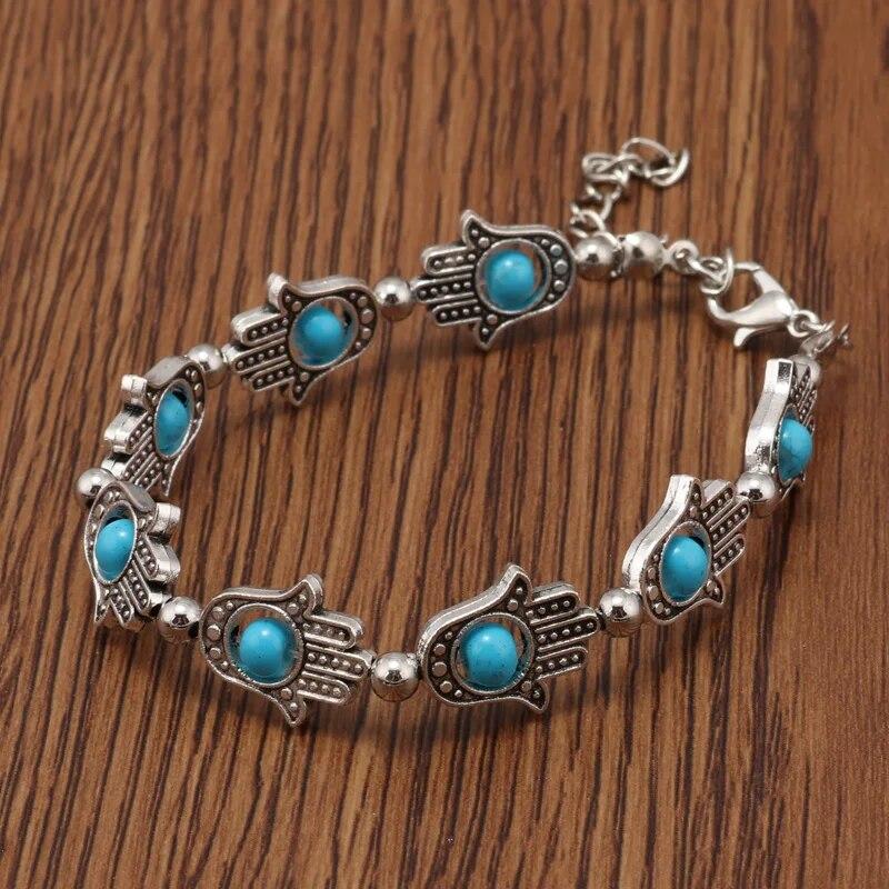 Tenande 2 Color Vintage Natural Stone Beads Hamsa Hand Evil Eye Bracelets & Bangles for Women Jewelry Bohemian Maxi Bijoux