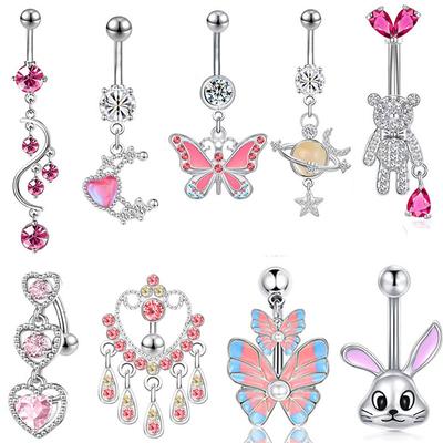 Pink  Pendant Belly Button Ring For Women Stainless Steel Navel Piercing Jewelry Rabbit Heart Bear Butterfly Belly Ring