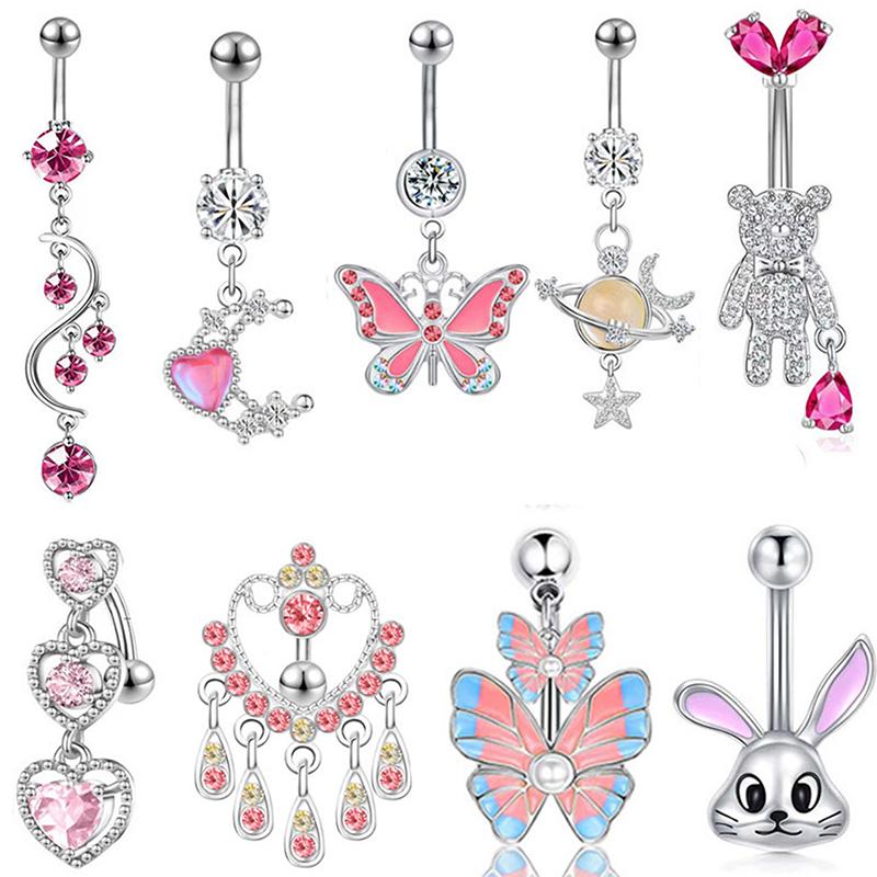 Pink Pendant Belly Button Ring For Women Stainless Steel Navel Piercing Jewelry Rabbit Heart Bear Butterfly Belly Ring
