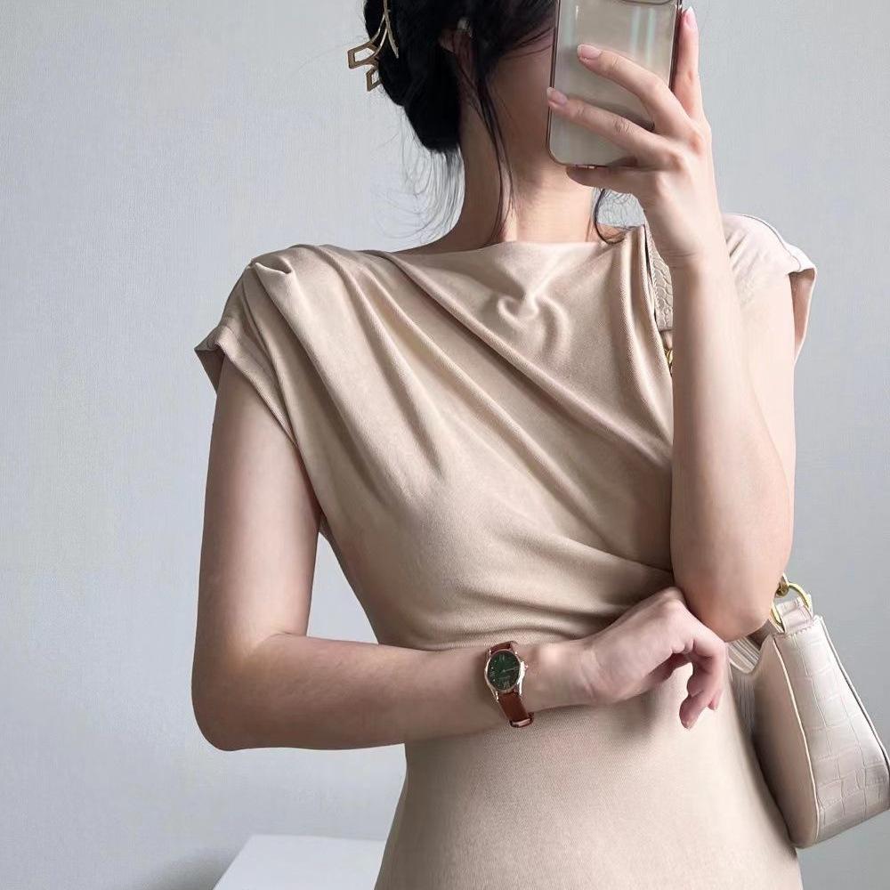Pleated Solid Color Split-ended Dress Women's Summer Temperament Elegant Wind Age-reducing Body Stacking Sleeves Hip-wrapped Medium and Long Dress
