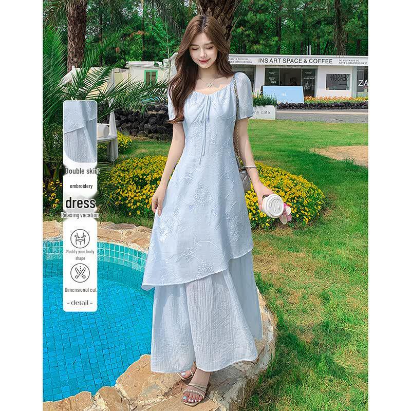 Elegant Embroidered Short Sleeve Mid-length Dress S