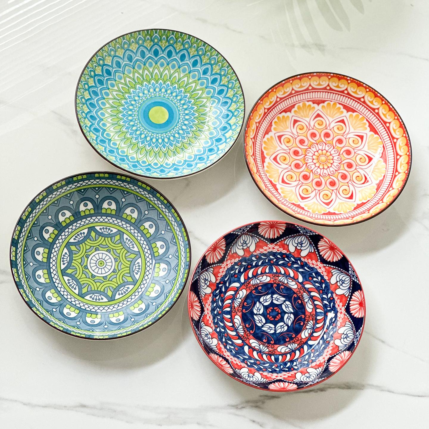 

4-Piece Bohemian Pattern Ceramic Plate Set, 8.2 Inch/20.8cm, Multi-Use, Durable, Dishwasher & Microwave Safe