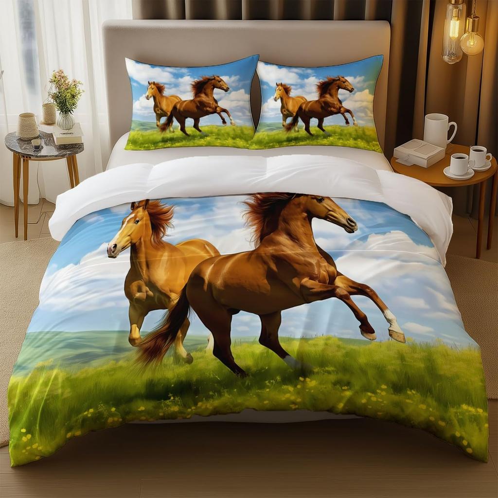 Horse And Green Grass Duvet Cover Set For Kids Boys Girls Teens Lightweight Quilt Covers Spring Themed Bedding Set Bedroom Decor