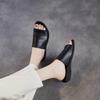 Johnature Retro Outerwear Slippers Genuine Leather Soft Soled Peep Toed Flat Women's Slides