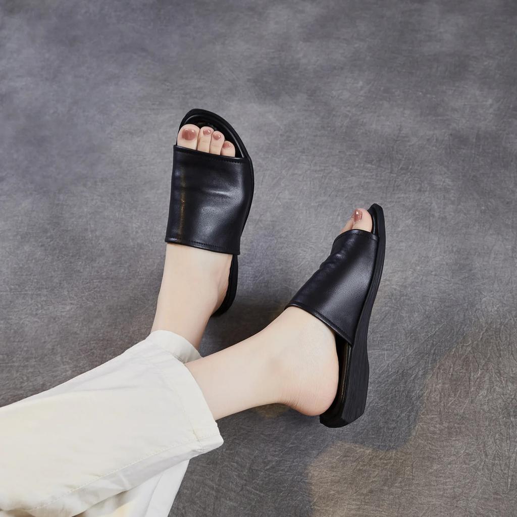 Johnature Retro Outerwear Slippers Genuine Leather Soft Soled Peep Toed Flat Women's Slides