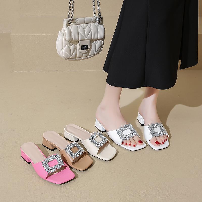 Fashion Women Sandals New Luxury Square Top Flat Slippers Rhinestones Summer Fashion Shoes Women Comfort Light High Heels Sandals Female