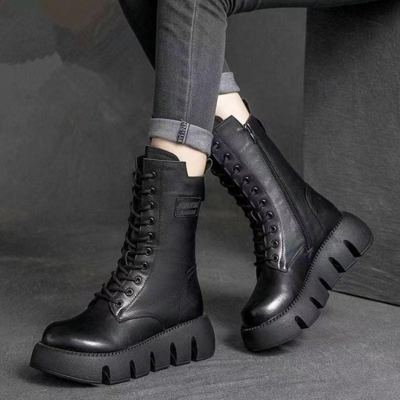Fashion Winter Leather Women Boots Round Toe Mid-heel Ankle Boots for Women Lace Up Warm Snow Boots Retro Lady Platform Bikerboots Women