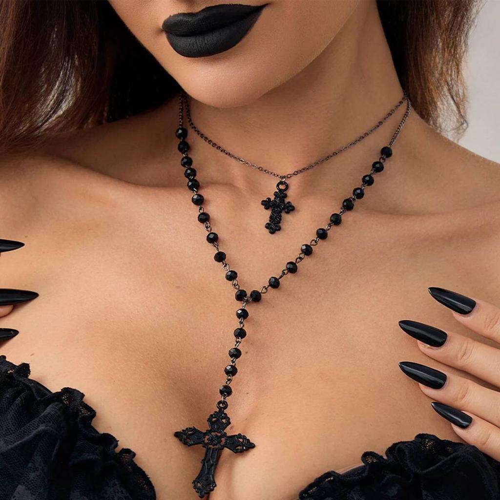 Ingemark 2Pcs/Set Creative Jesus Cross Pendant Choker Necklace for Women Goth Black Crystal Chain Halloween Neck Jewelry Gift
