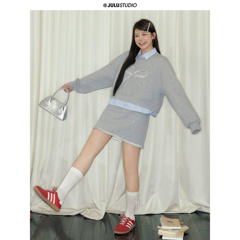 

Julu Studio Claw Braid Girl Slightly Oversized Girls Three-Dimensional Embroidered False Two-Piece Sweaters Skirt Plus Size Suit Floral Gray Short Skirt XL