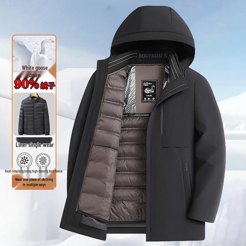 Men's Mid-Length White Goose Down Jacket with Removable Liner - Thickened Warm Coat for Middle-Aged Dads