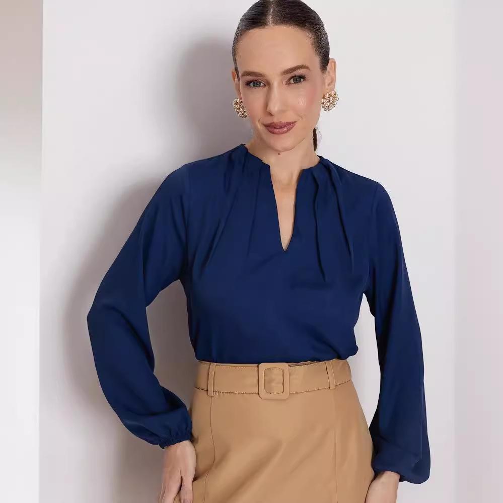 2024 Autumn European & American Solid Color Pleated Round Neck Slim Fit Long Sleeve Women's Shirt