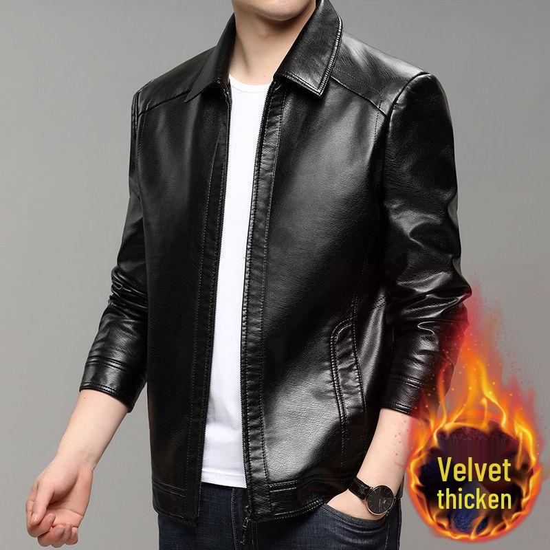 Men's Casual Autumn Leather Jacket - Middle-aged Plus Velvet Thick Style