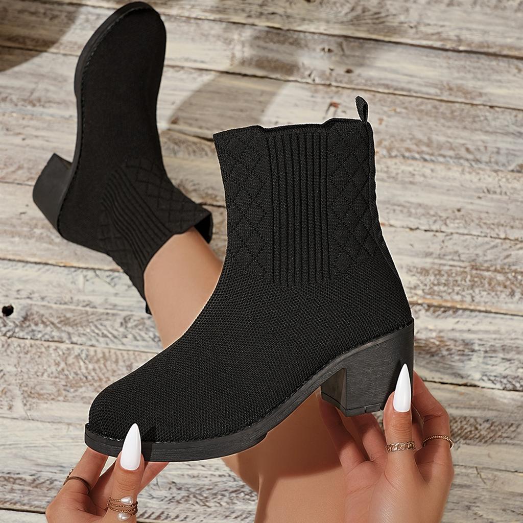 Women'S Knitted Ankle Socks Boots Fashion Chunky Heel Solid Color Black Winter Casual Comfortable Slip On Women'S Ankle Boots