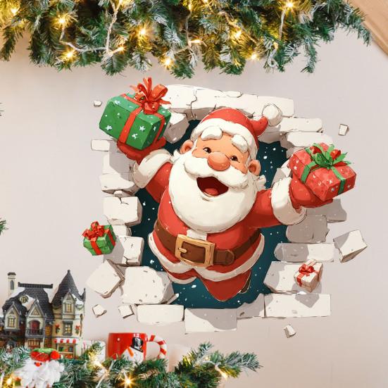 Christmas Party Supplies 3D Santa Claus Wall Decals, Break Through Reindeer Seasonal Art Window Stickers, Removable Winter Holiday Decorations