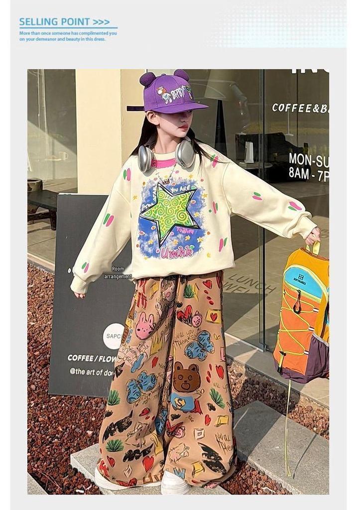 Girls' Trendy Korean Style Hoodie & Wide-Leg Pants Set with Cartoon Design - Casual Spring/Autumn Two-Piece Sportswear