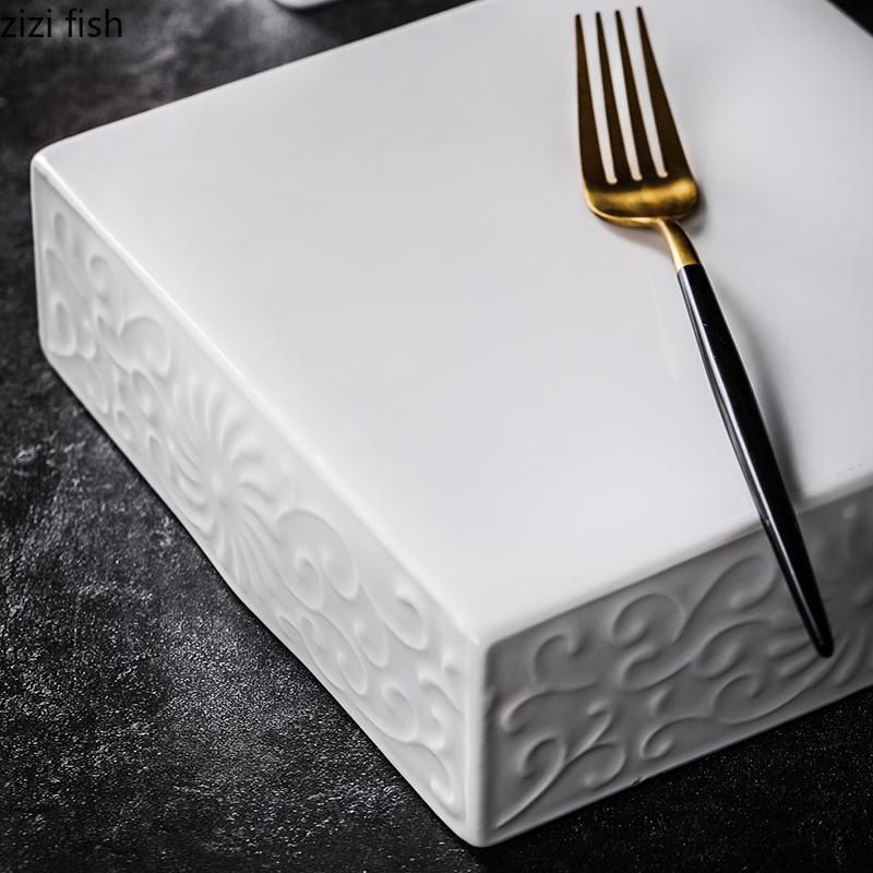 Creative Square Ceramic Dinner Dishes Steak Plates Household Relief Pattern Tableware Dessert Dish Hotel Restaurant Pasta Plates