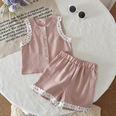Girls Summer Sweet Lace Sleeveless Top And Shorts Two Piece Set Kids Clothing