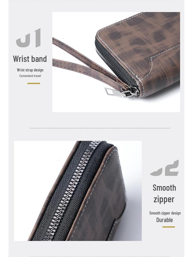Men's Leather Long Zip Wallet: Multifunctional Card Holder & Large Capacity Clutch with Multi-Card Slots.