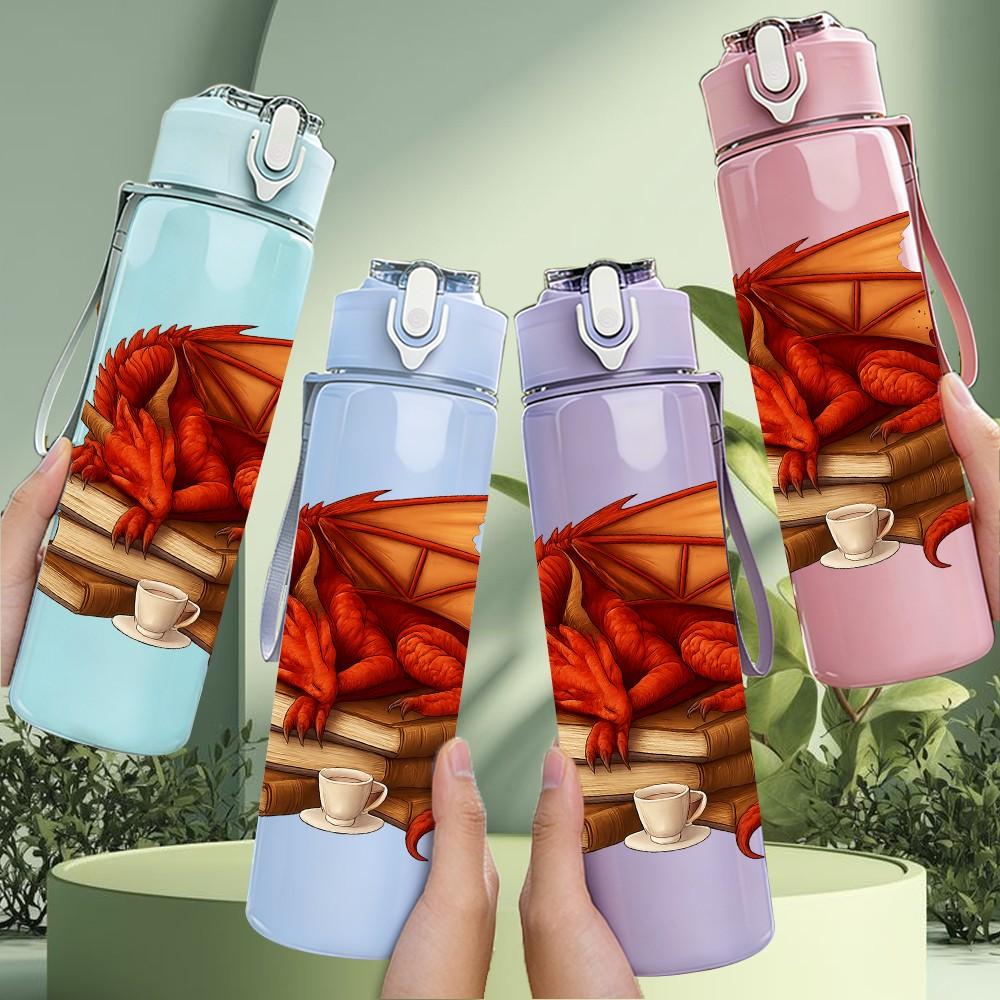 1PC Book Stack Red Dragon Illustration 750ml Color Plastic Sports Water Bottle Leakproof Flip Straw Lid Suitable for Sports Office Home Use