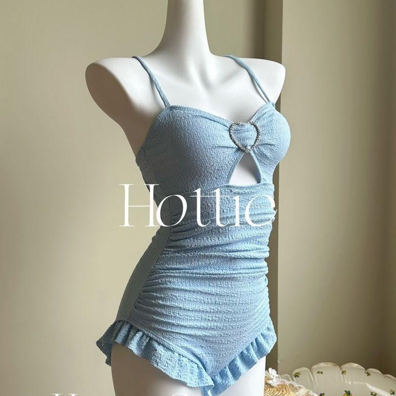 

[Haze blue] Small fresh and less one-piece swimsuit, small chest conservative meat covering, beach hot spring swimsuit white S синий
